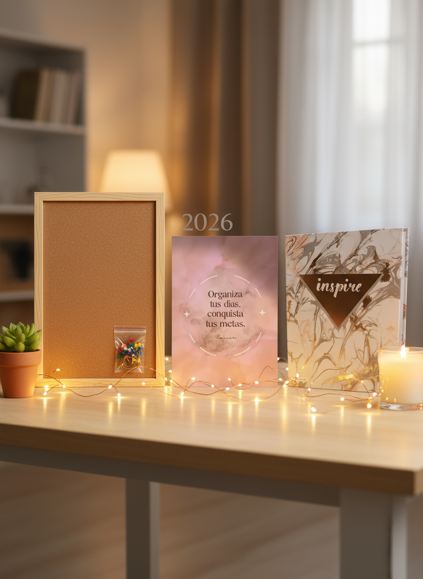 Escritorio decorado con kit de organización