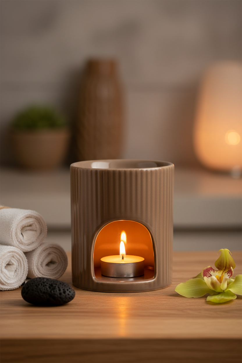 Quemador taupe con vela encendida