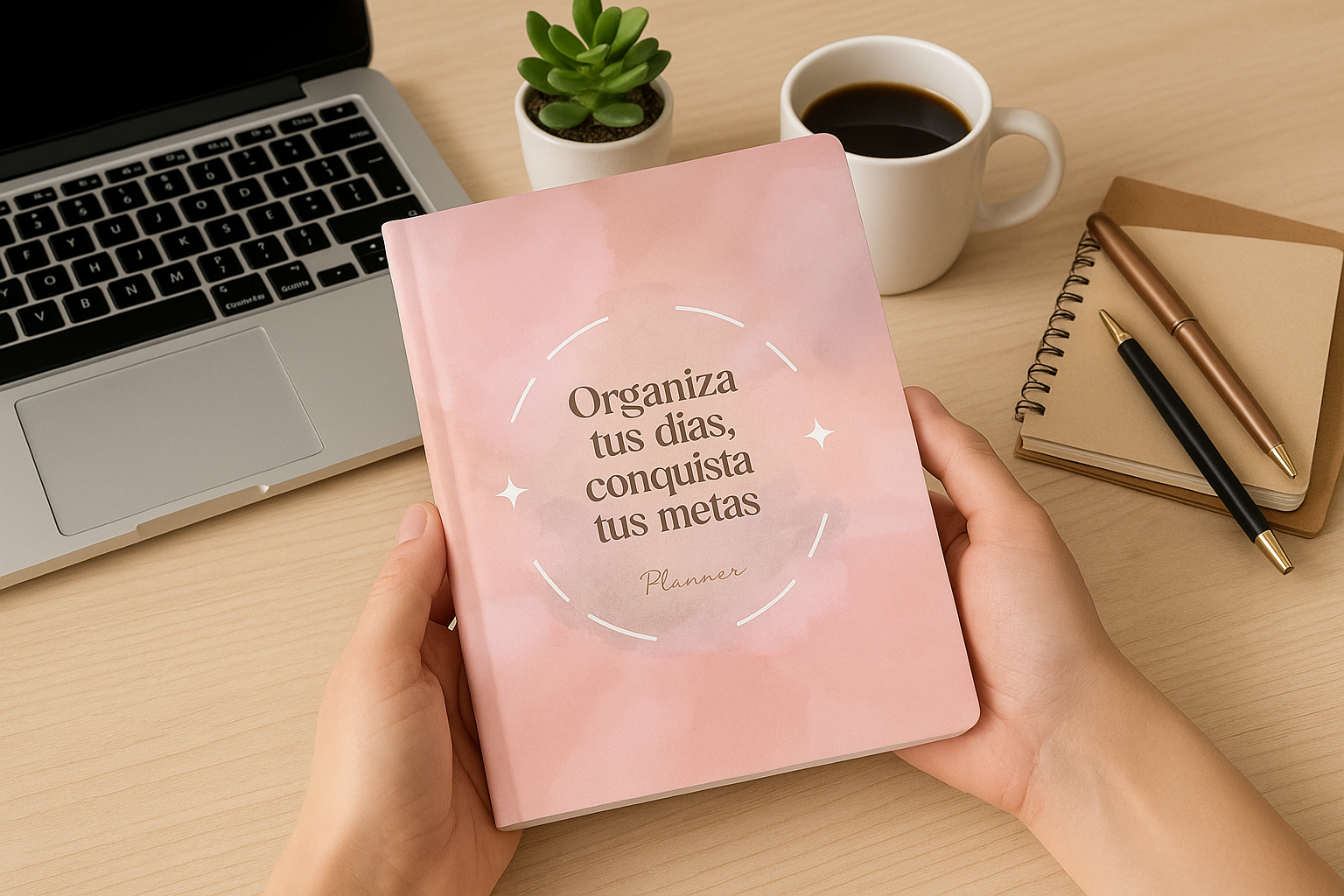 Una foto de producto profesional que muestre el libro con portada rosa "Organiza tus días, conquista tus metas" colocado en una mesa de escritorio elegante con elementos como laptop, café y materiales de escritura