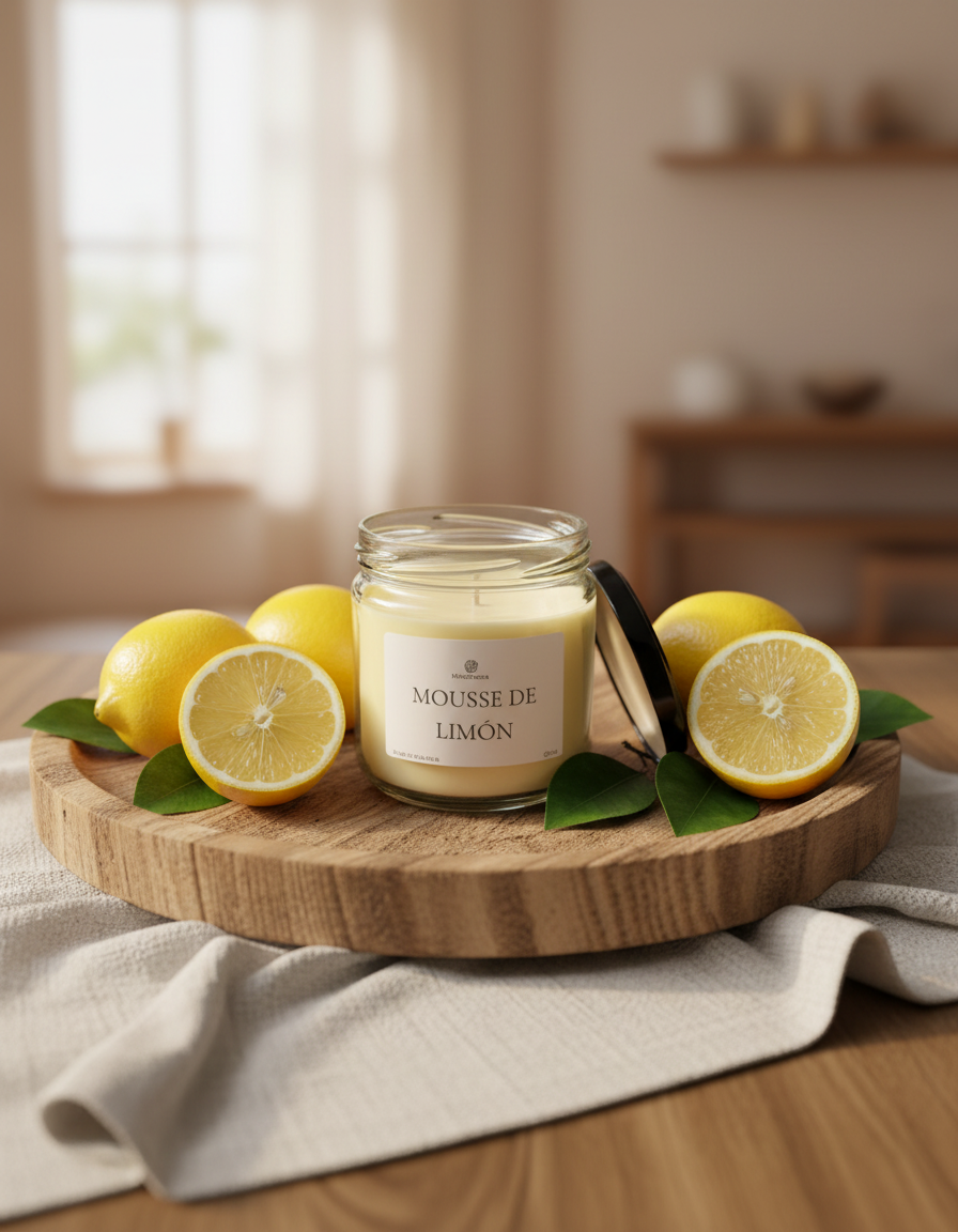 Vela Mousse de Limón - Ambiente rústico con madera